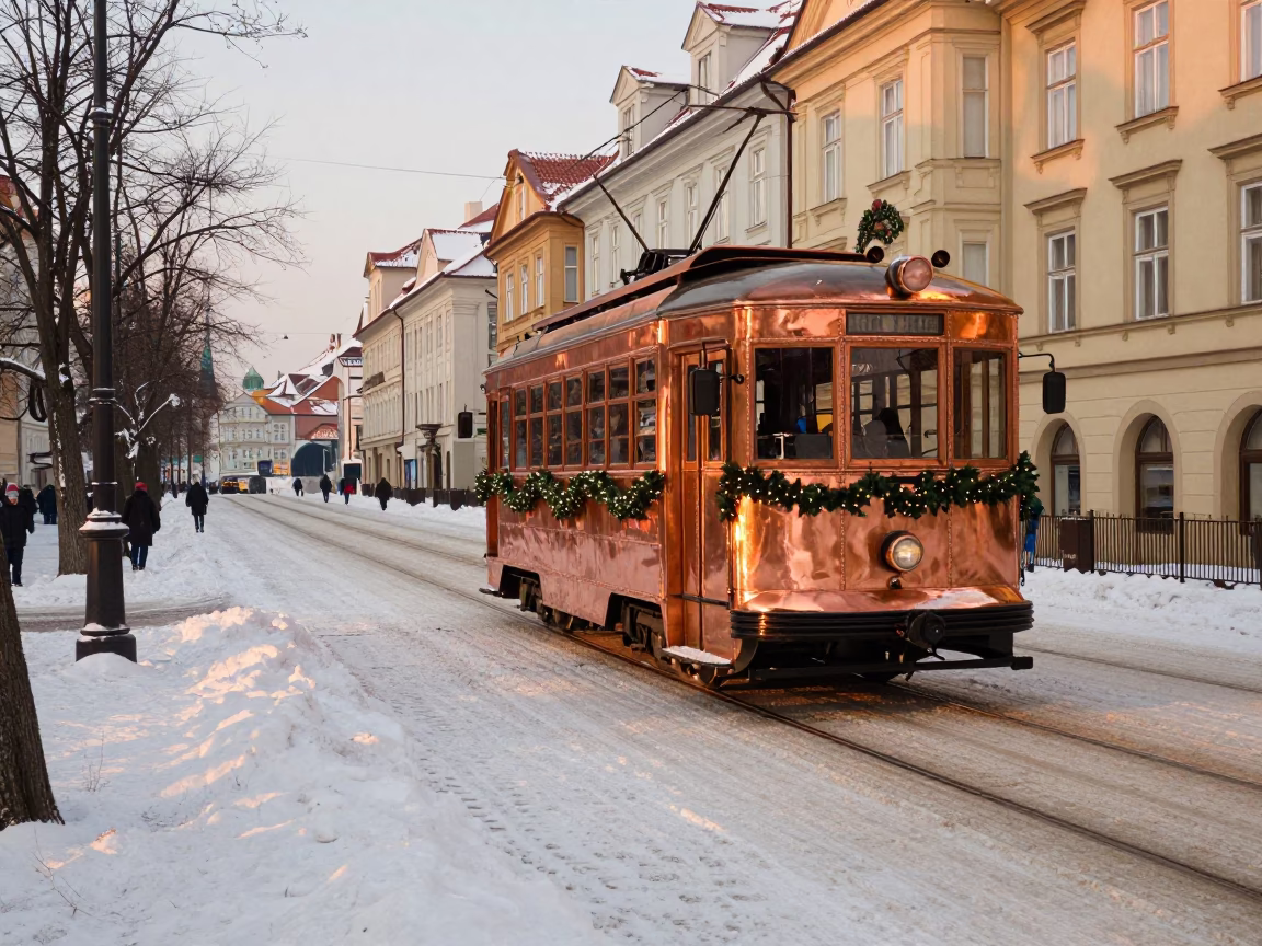 Prague Christmas Tram on Snowy Avenue in Copper Toned Light Before Dusk in in Prague, Czech Republic