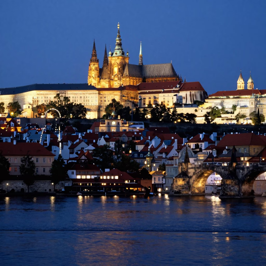 Prague City Lights Glow Over Historic Vltava River and Charles Bridge Dusk Landscape in in Prague, Czech Republic