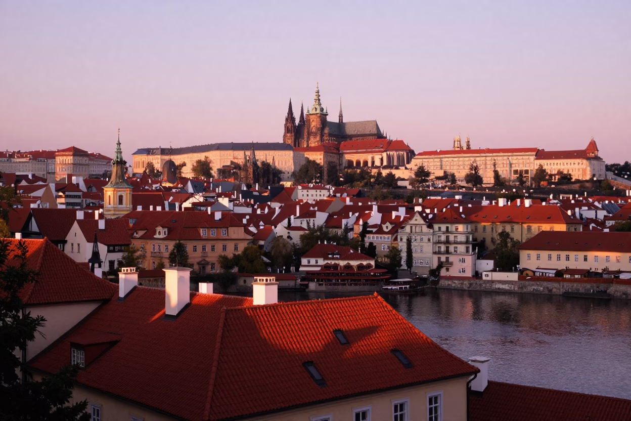 Prague Cityscape at Sunrise with Traditional Architecture and Morning Light in in Prague, Czech Republic