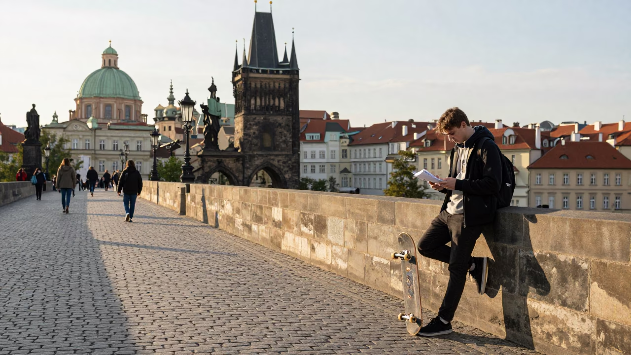 Prague Cityscape Early Afternoon Street Scene with Skateboard and Ledger in in Prague, Czech Republic