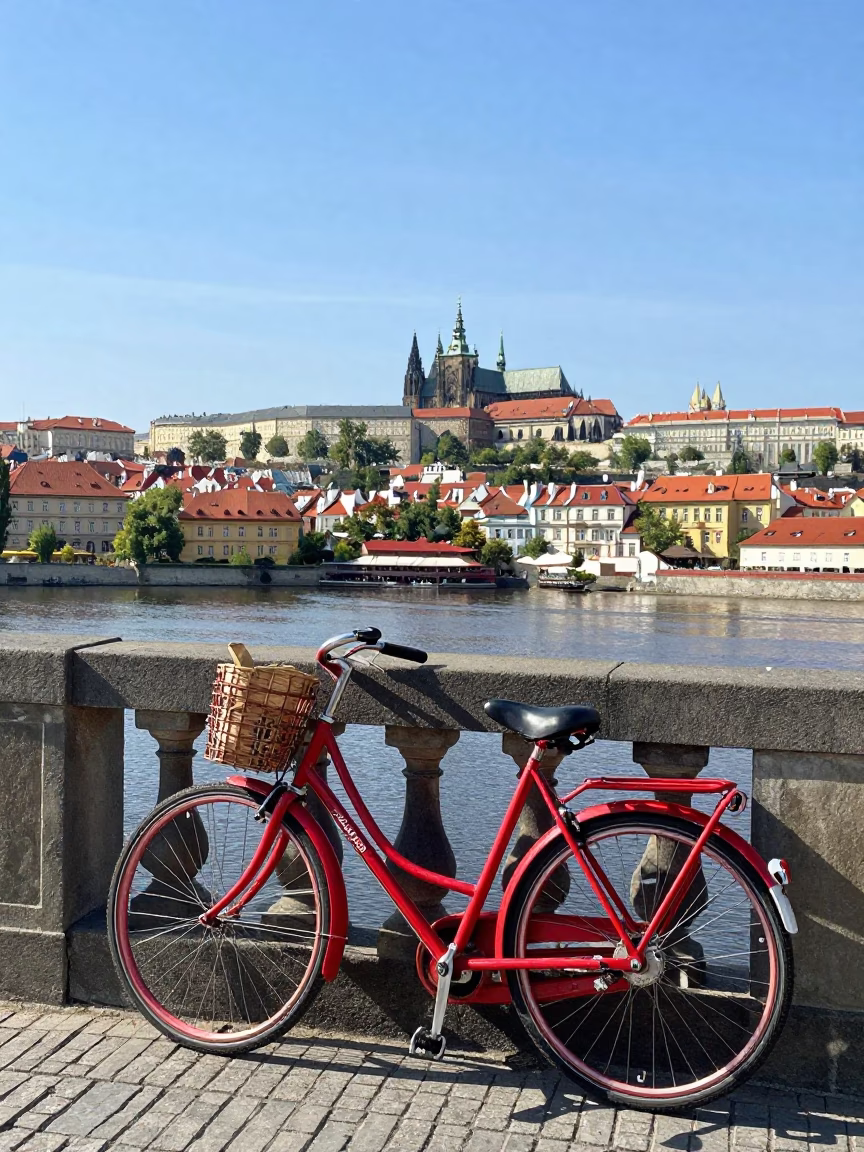 Prague Cityscape Midday View with Vintage Red Bicycle and Urban Street Details in in Prague, Czech Republic