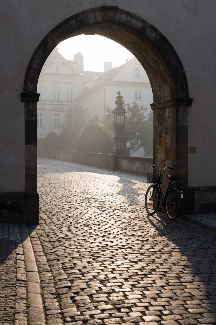 Prague Cobblestone Morning Light and Vintage Bicycle Near Stone Archway in in Prague, Czech Republic