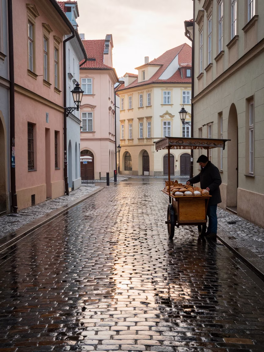 Prague Cobblestone Street After Rain Reflecting Morning Light in in Prague, Czech Republic