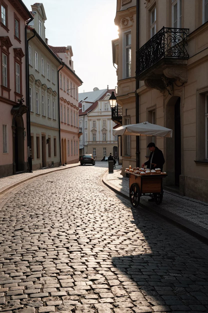 Prague Cobblestone Street at As First Light Reaches The Scene in in Prague, Czech Republic