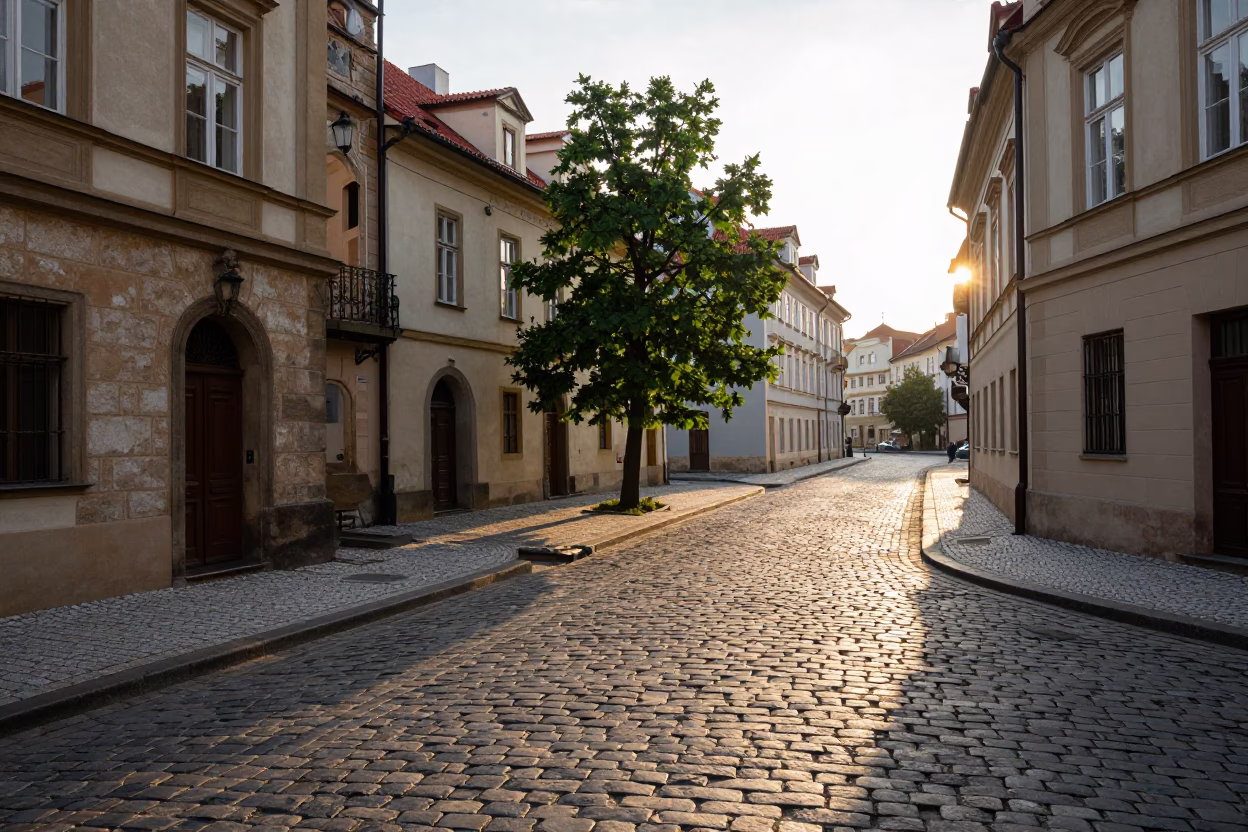 Prague Cobblestone Street Corner at Sunrise with Tree and Bench in in Prague, Czech Republic