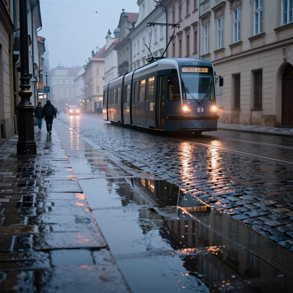 Prague Cobblestone Street Morning Reflections of Tramcar and Rain Puddles Before Sunrise in in Prague, Czech Republic