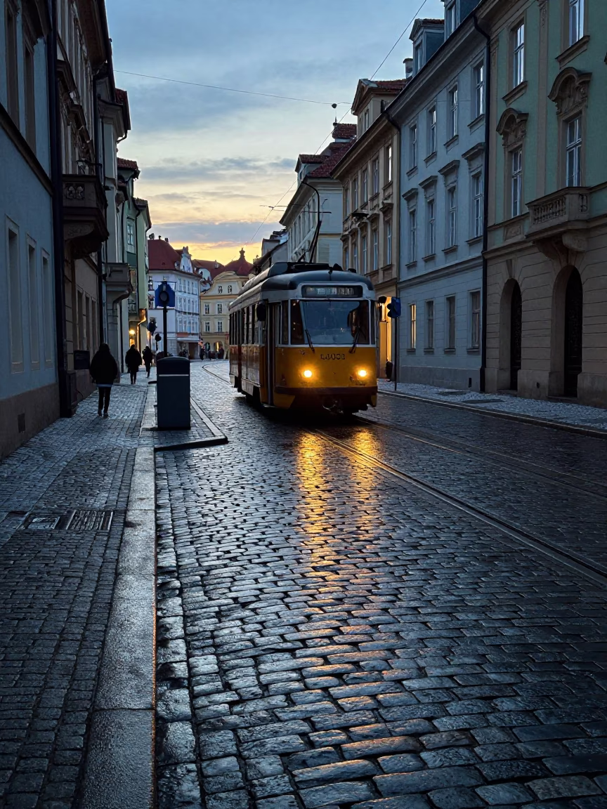 Prague Cobblestone Street Reflection of Vintage Tram in Pre-Dawn Light in in Prague, Czech Republic