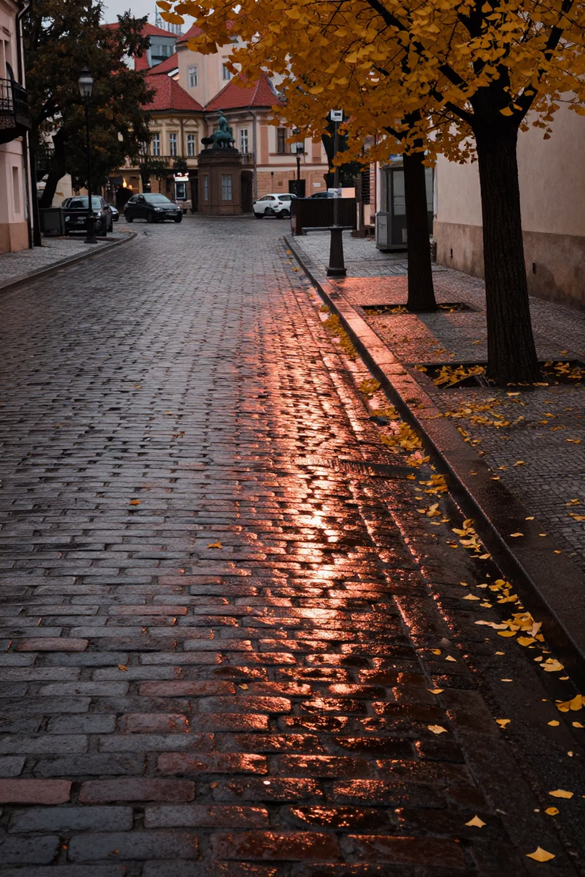 Prague Cobblestone Street Reflections in Copper Dusk Light with Ginkgo Leaves and Wet Pavement in in Prague, Czech Republic