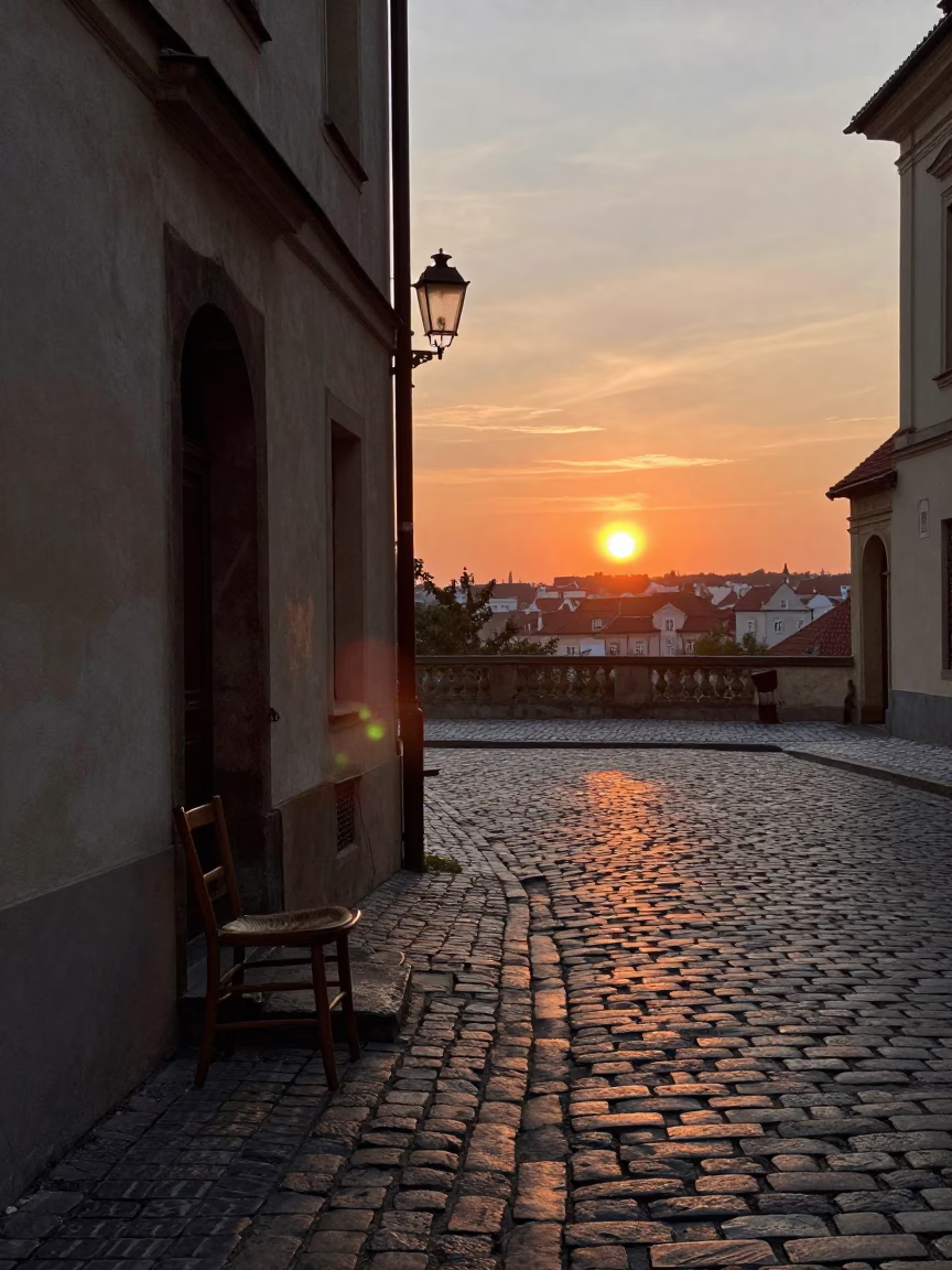 Prague Cobblestone Street Scene at Dusk with Chair and Steam Haze in in Prague, Czech Republic