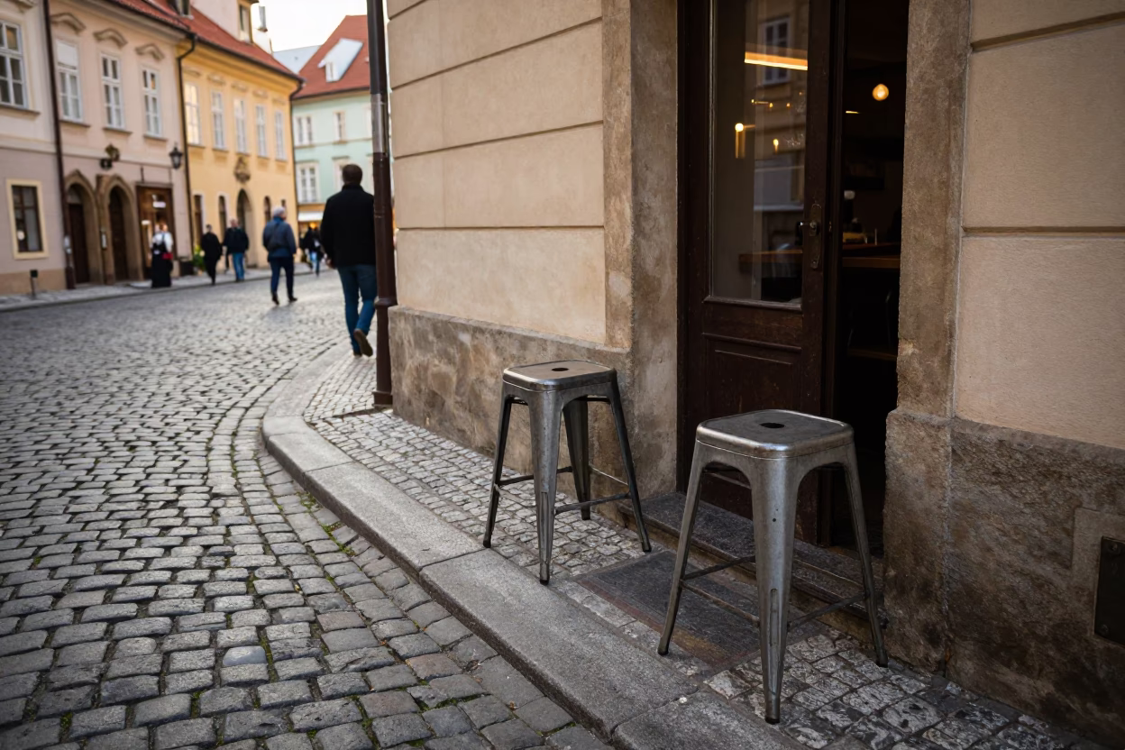 Prague Cobblestone Street Scene Late Afternoon with Metal Stools and Blue Porcelain in in Prague, Czech Republic