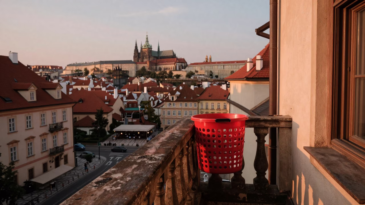 Prague Czech Republic 1970s Laundry Basket on Balcony Copper Toned Dusk in in Prague, Czech Republic