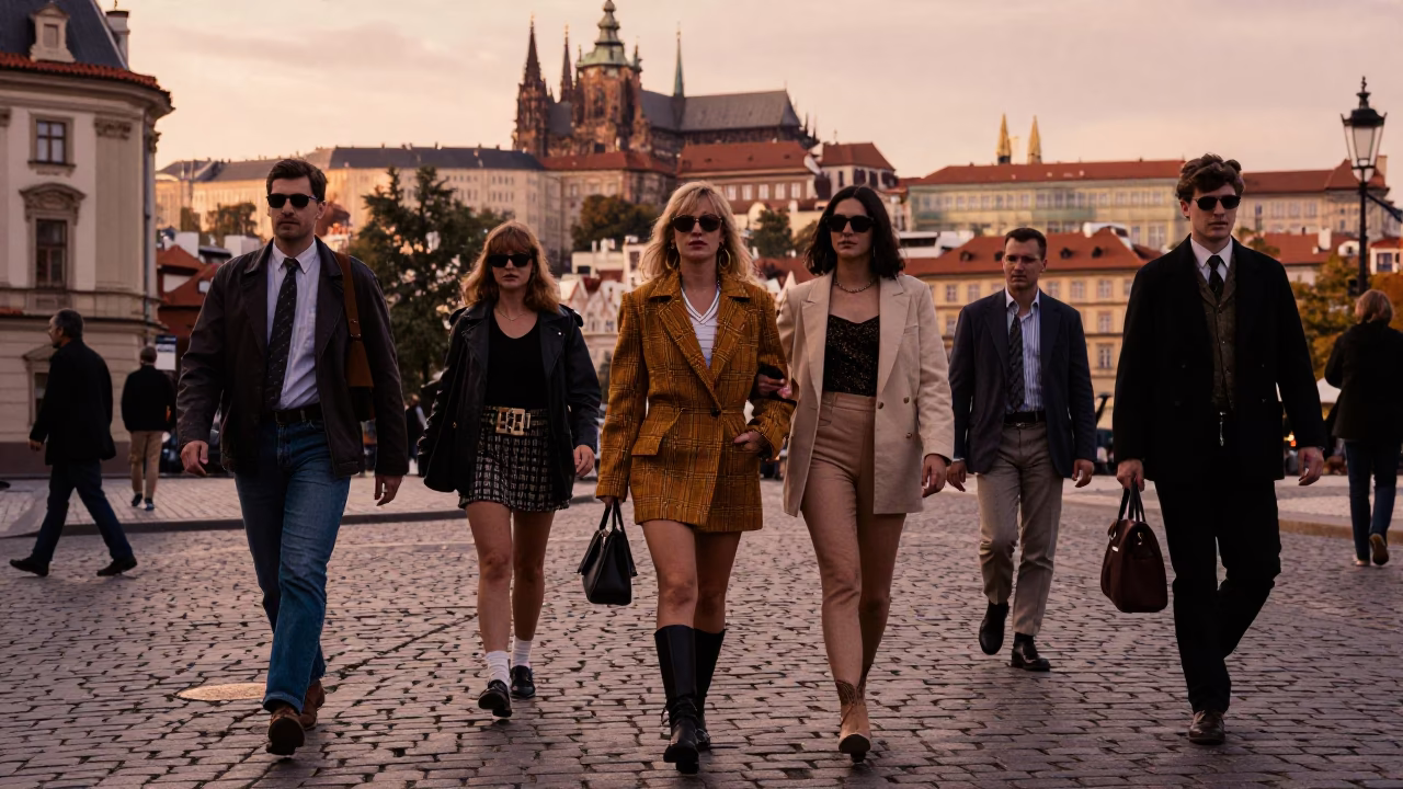 Prague Czech Republic 1980s High Fashion Street Photography Before Dusk in in Prague, Czech Republic