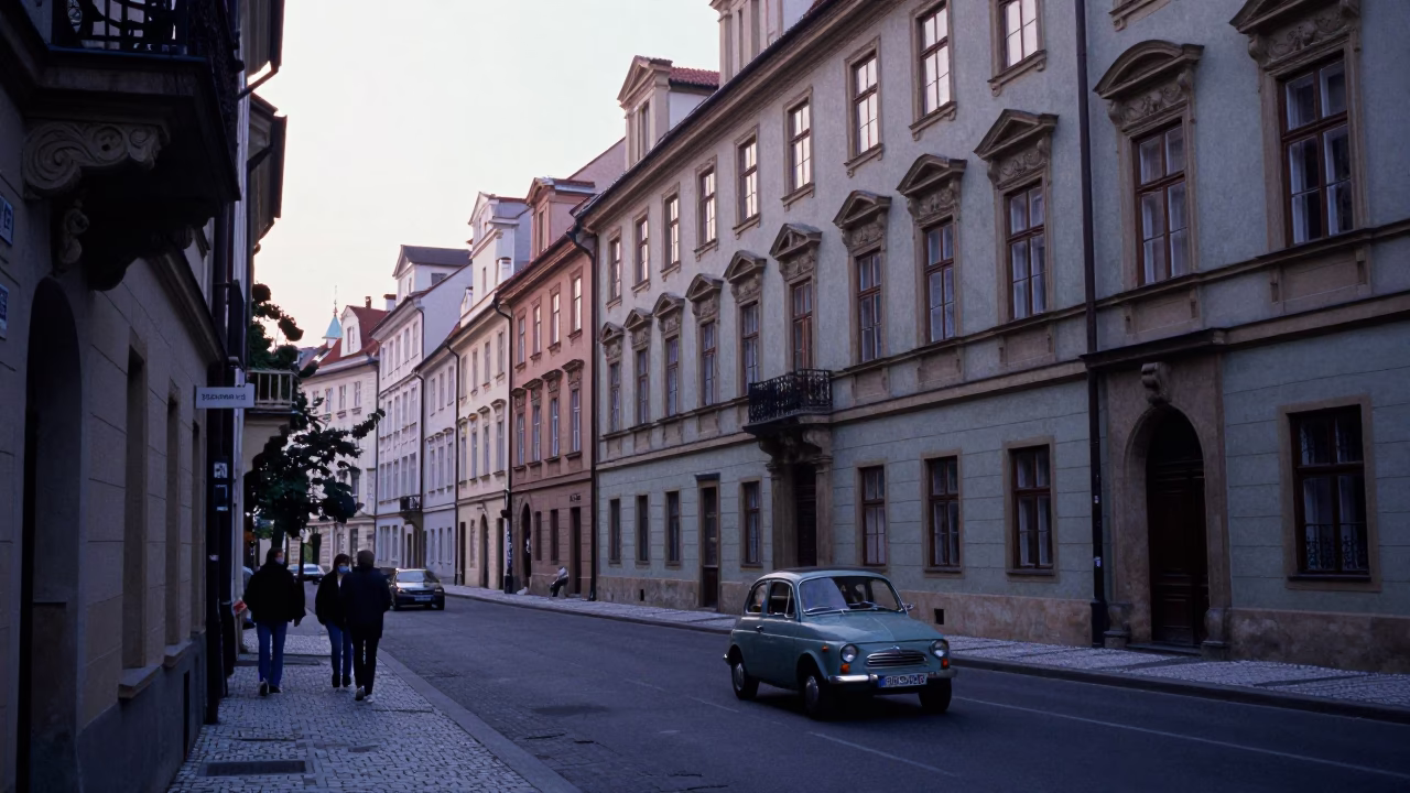 Prague Czech Republic Before Sunrise Street Scene with Vintage Car and Alarm Clock in in Prague, Czech Republic