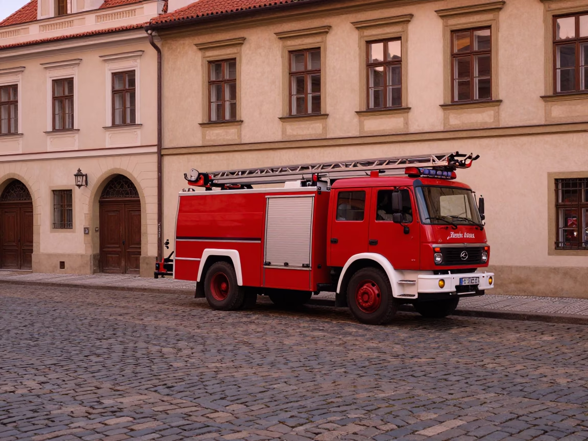 Prague Czech Republic Cobblestone Street Scene with Red Fire Engine Before Dusk in in Prague, Czech Republic