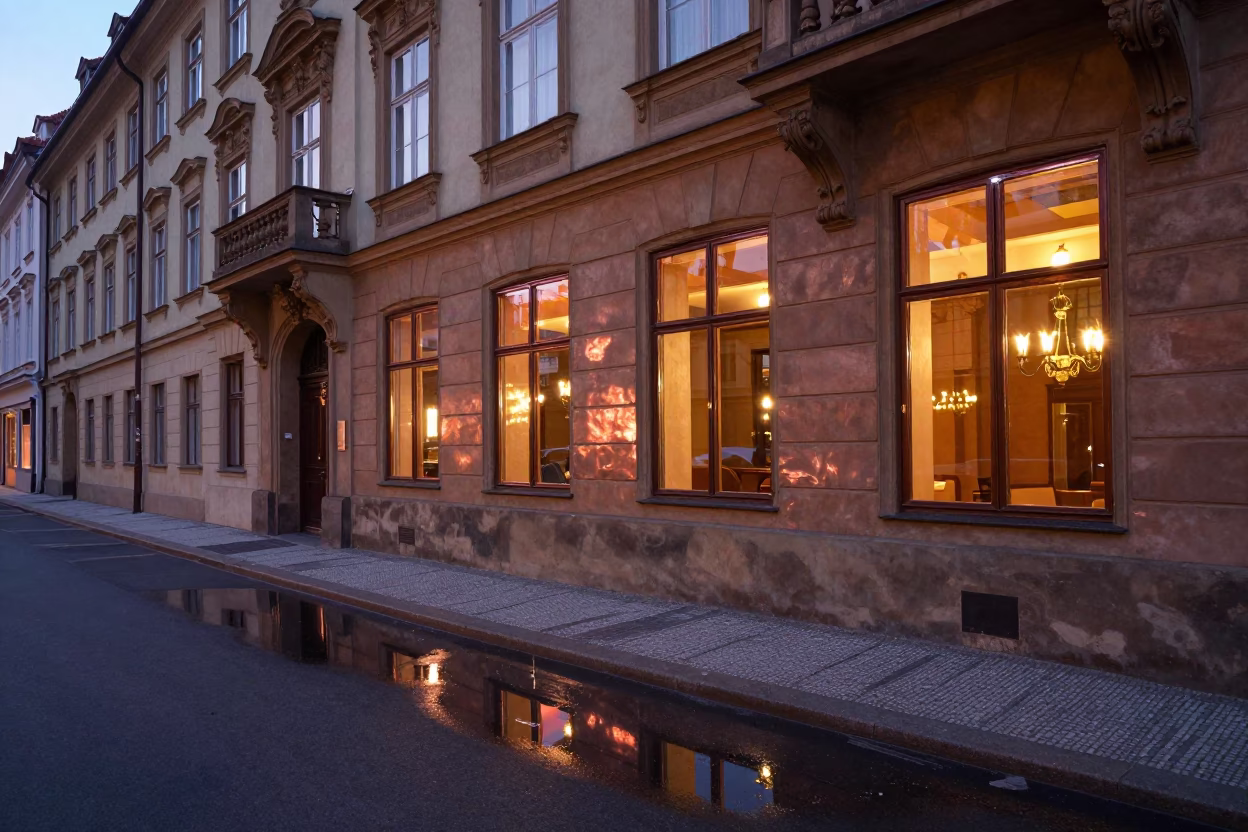 Prague Czech Republic Copper Dusk Reflections Hotel Windows Tail Lights in in Prague, Czech Republic