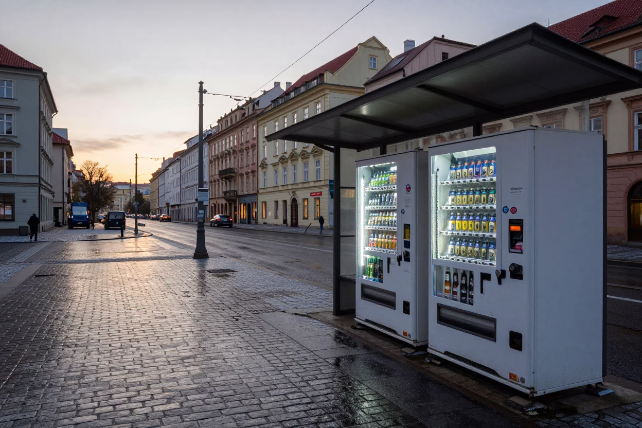 Prague Czech Republic Dawn Street Scene with Vending Machine and Morning Commuters in in Prague, Czech Republic