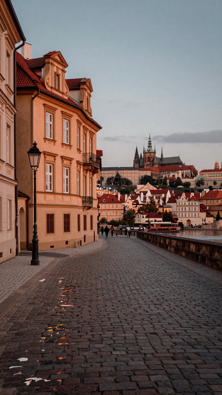 Prague Czech Republic Dusk Street Scene with Paint Flecks and Local Life in in Prague, Czech Republic