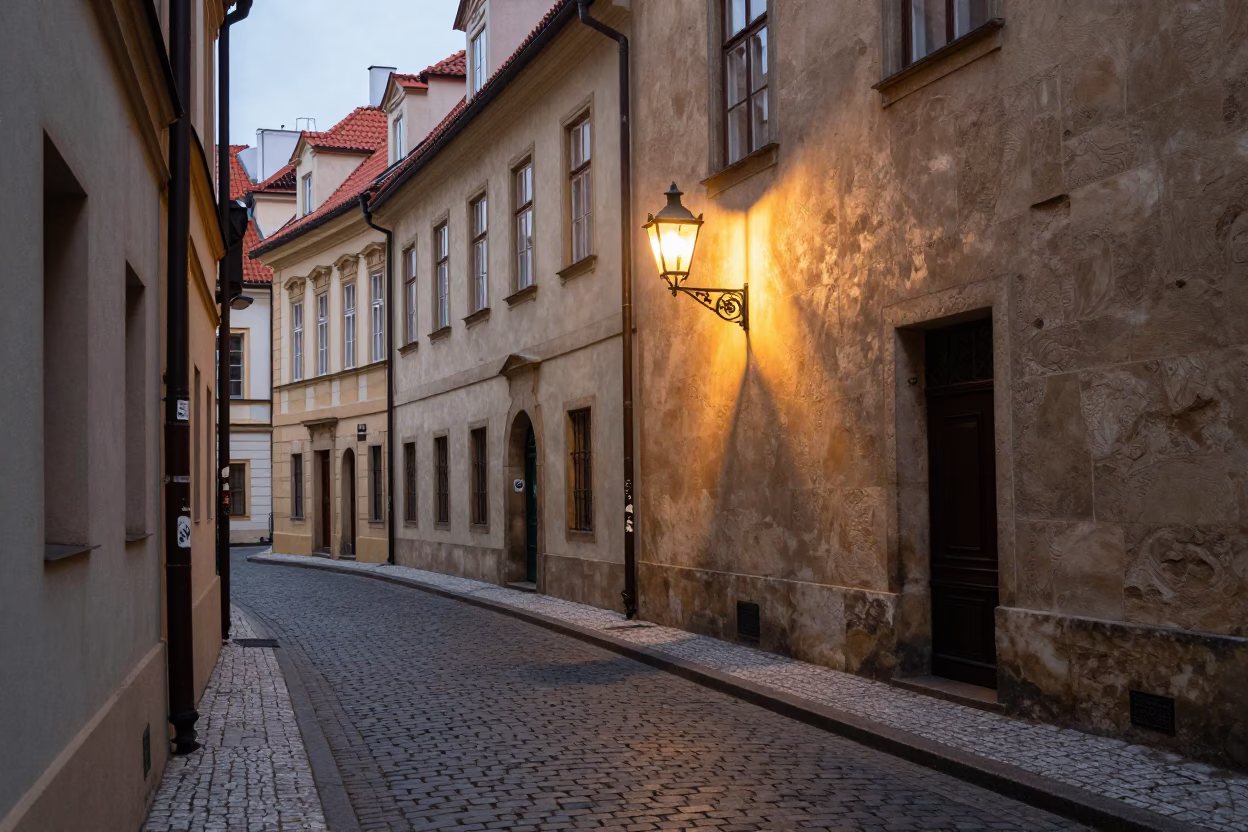 Prague Czech Republic First Light Street Scene with Lantern and Urban Details in in Prague, Czech Republic