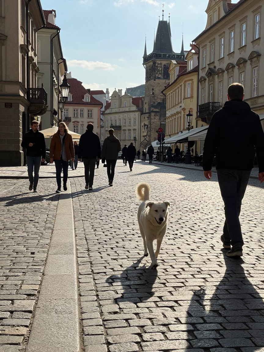 Prague Czech Republic Late Afternoon Street Scene with White Dog and Magnolia Tree in in Prague, Czech Republic
