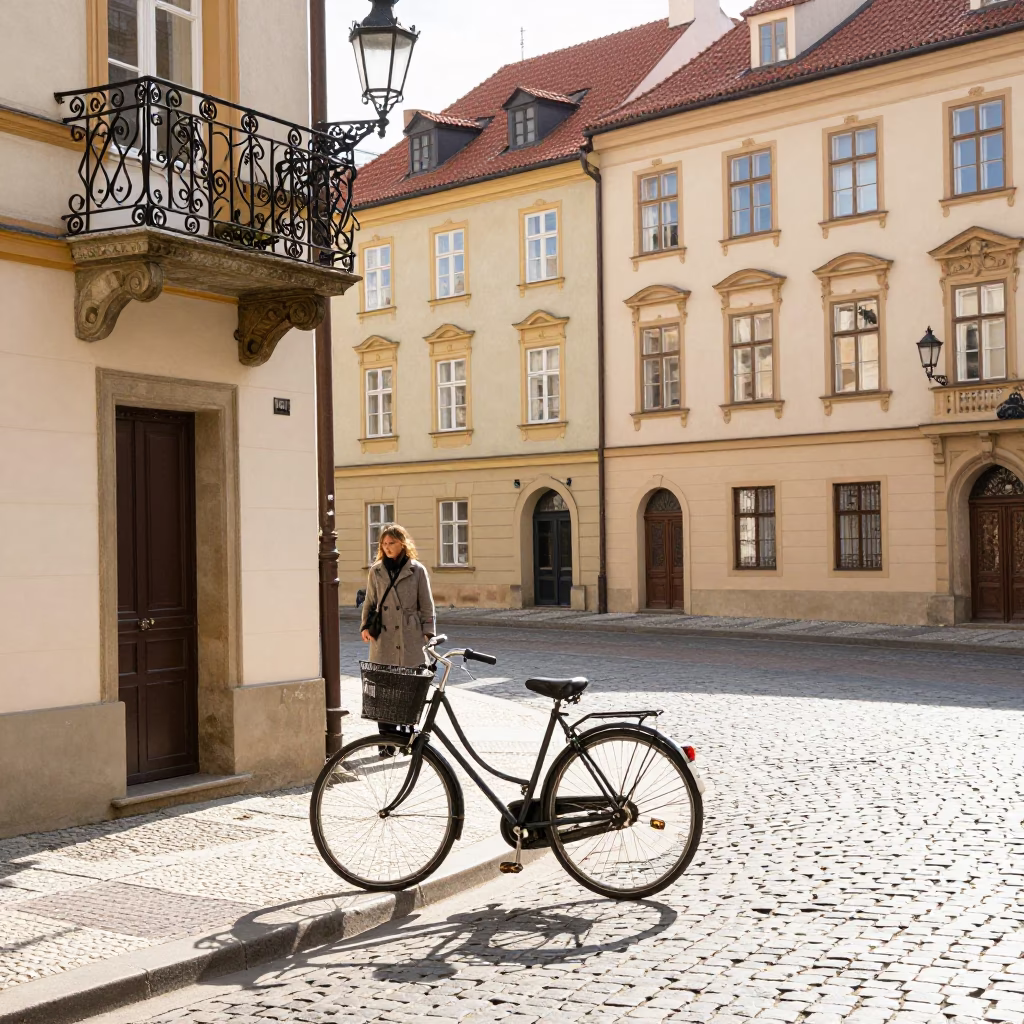Prague Czech Republic midmorning street scene with vintage bicycle and historic architecture in in Prague, Czech Republic