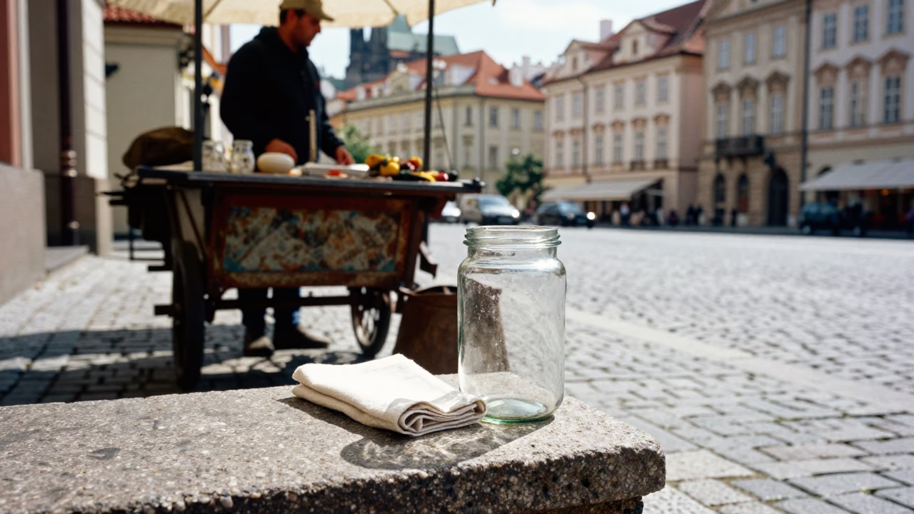 Prague Czech Republic Noon Street Scene with Jar and Linen Napkin in in Prague, Czech Republic