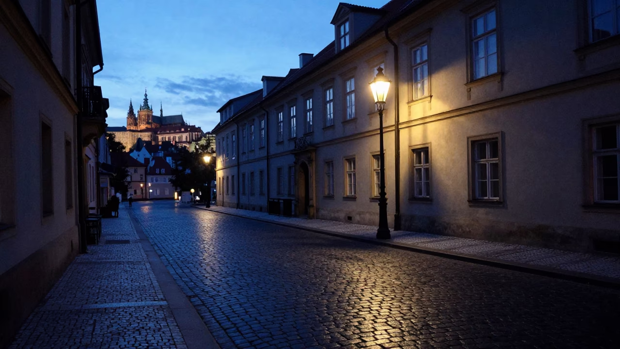 Prague Czech Republic pre-dawn street scene with cobblestone pavement and distant spires in in Prague, Czech Republic