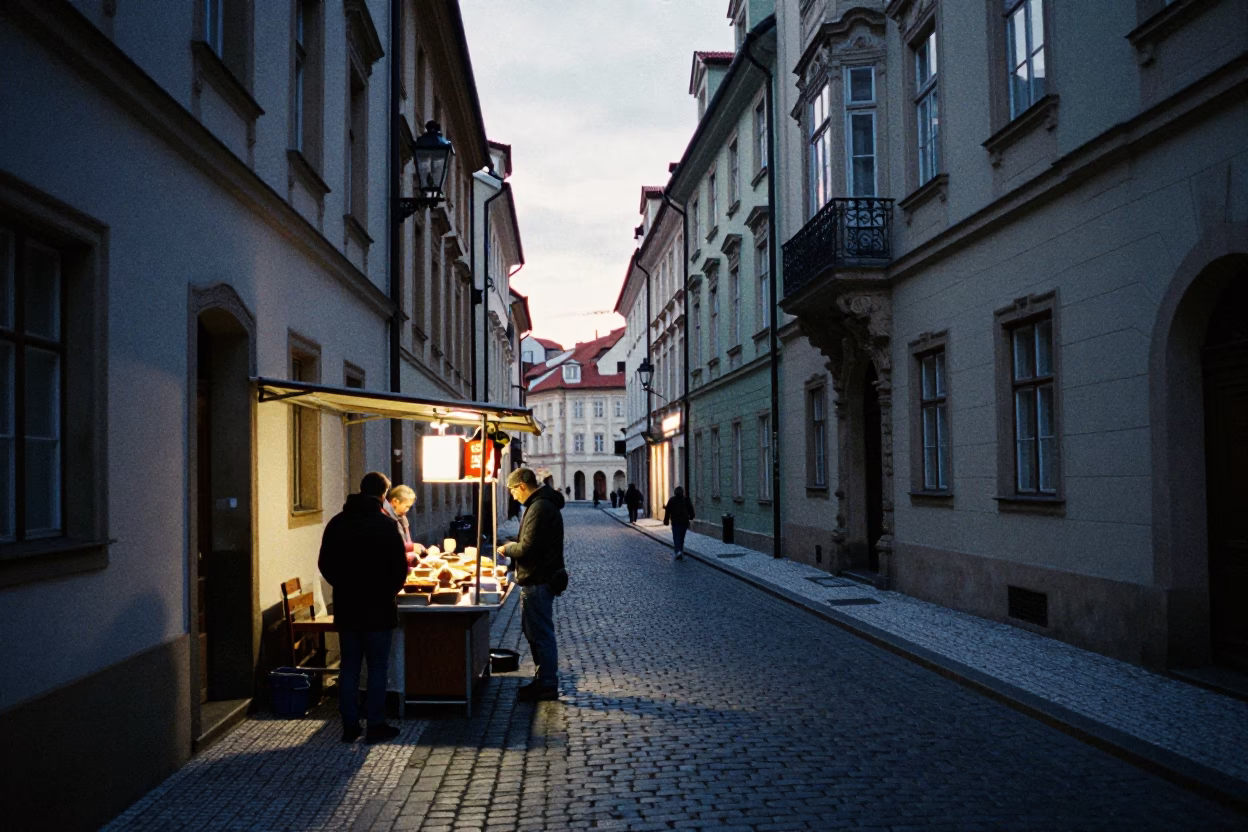 Prague Czech Republic pre-dawn street scene with vendor and traditional food in in Prague, Czech Republic