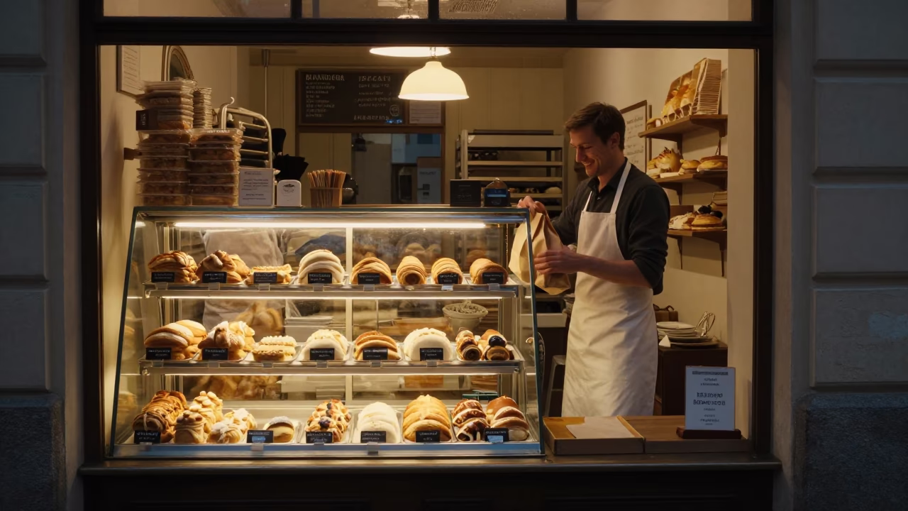 Prague Czech Republic Predawn Bakery Interior with Fresh Pastries and Local Shopper Interaction in in Prague, Czech Republic