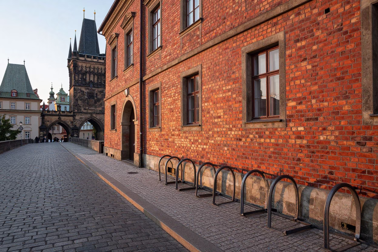 Prague Czech Republic Street Scene After Sunrise with Red Brick Architecture and Bicycle Rack in in Prague, Czech Republic