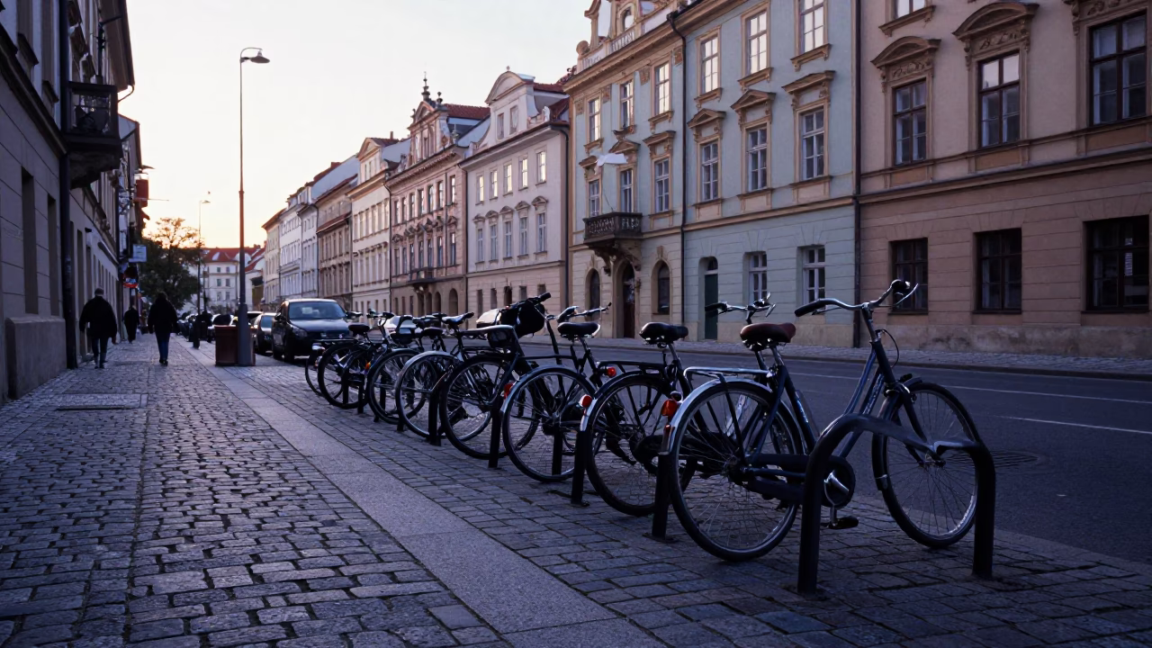 Prague Czech Republic Street Scene Before Sunrise with Bicycle Rack and Sketchbook in in Prague, Czech Republic