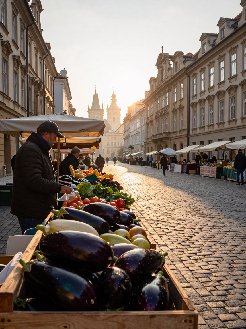 Prague Czech Republic Sunrise Street Scene with Eggplants on Market Stall in in Prague, Czech Republic