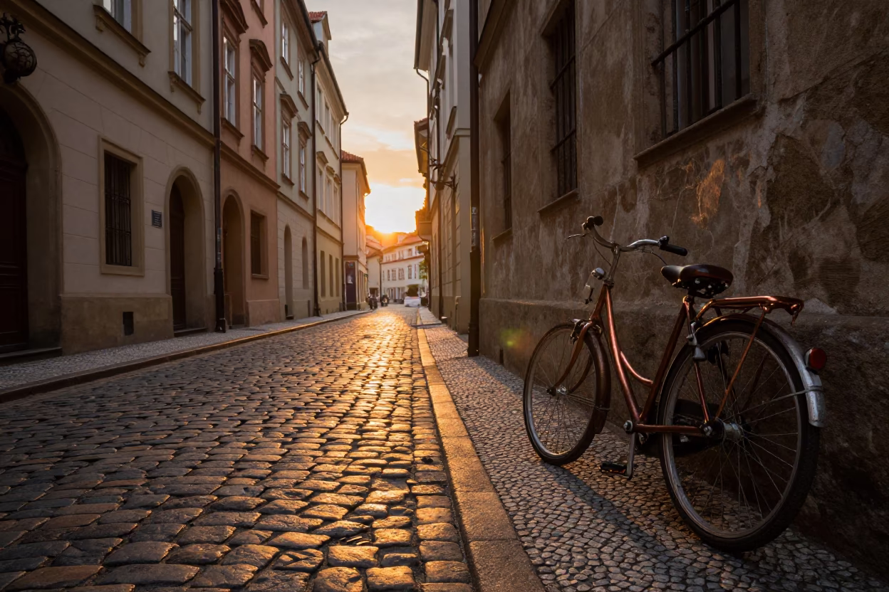 Prague Czech Republic Sunset Street Scene with Vintage Bicycle and Copper Utensils in in Prague, Czech Republic