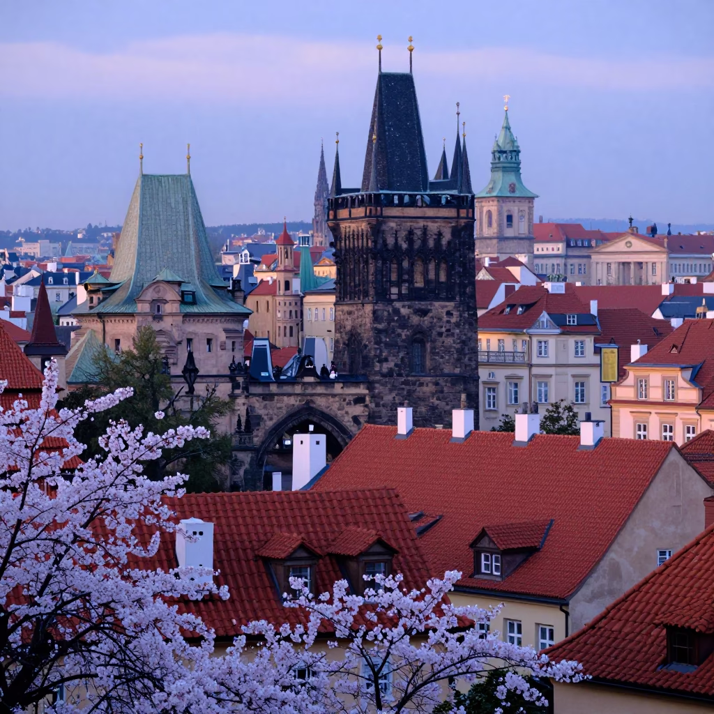 Prague Dawn Cherry Blossoms Over Historic Rooftops with Ceramic Mugs in in Prague, Czech Republic