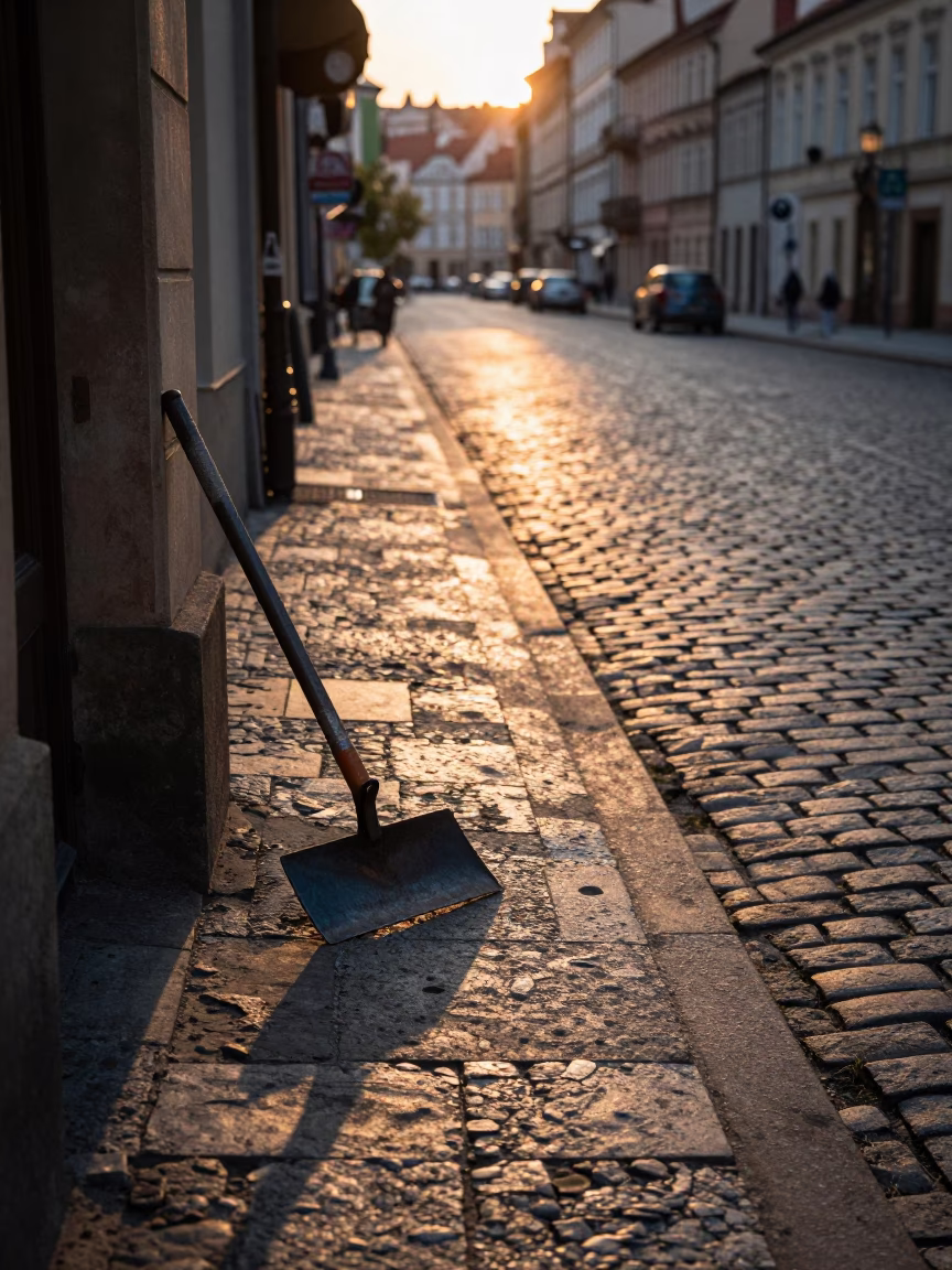 Prague Dawn Street Scene with Boot Scraper and Morning Light at First Light in in Prague, Czech Republic