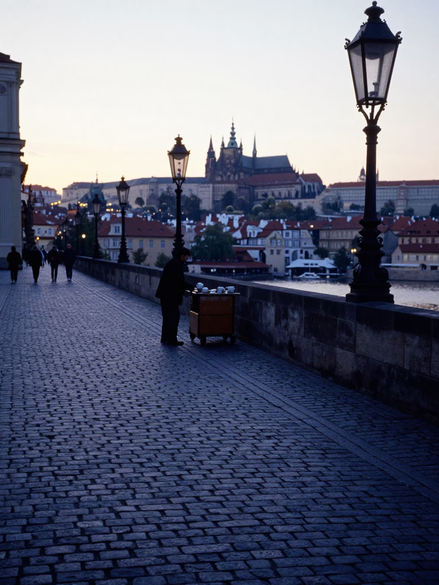 Prague Dawn Street Scene with Ceramic Mugs and Bridge Maintenance Cradle in in Prague, Czech Republic