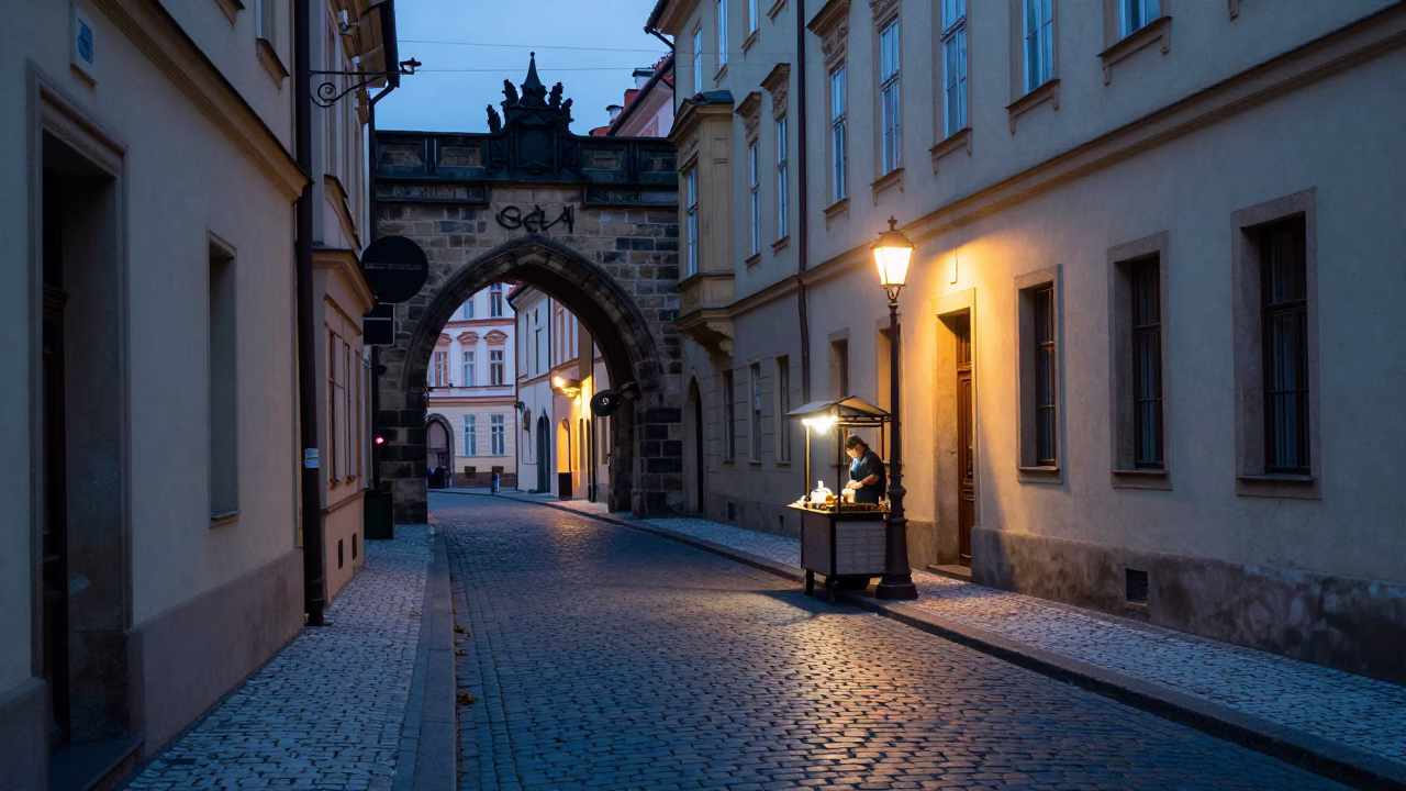 Prague Dawn Street Scene with Coffee Mugs and Urban Details Before Sunrise in in Prague, Czech Republic