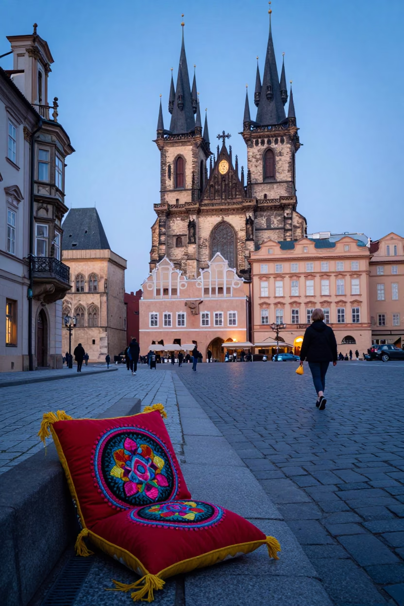 Prague Dawn Street Scene with Embroidered Cushion and Water Bottle on Historic Cobblestones in in Prague, Czech Republic