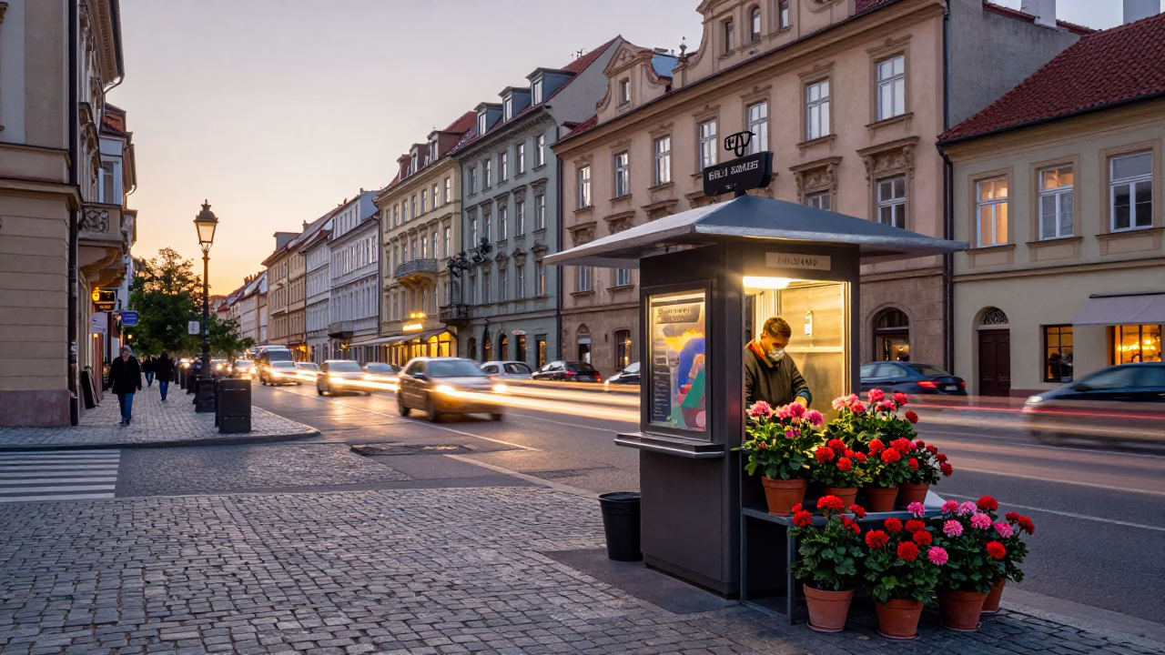 Prague Dawn Street Scene with Hotel Valet Stand and Geraniums in in Prague, Czech Republic