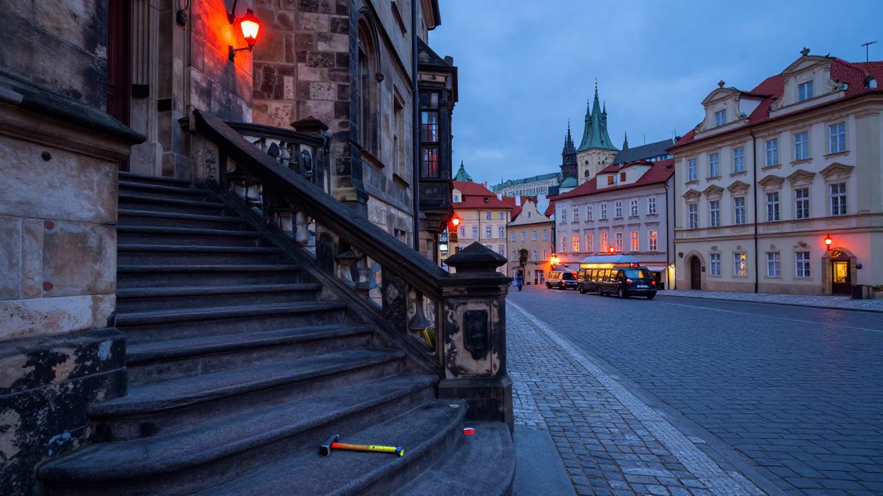 Prague Dawn Street Scene with Measuring Tape and Hammer Near Observatory in in Prague, Czech Republic