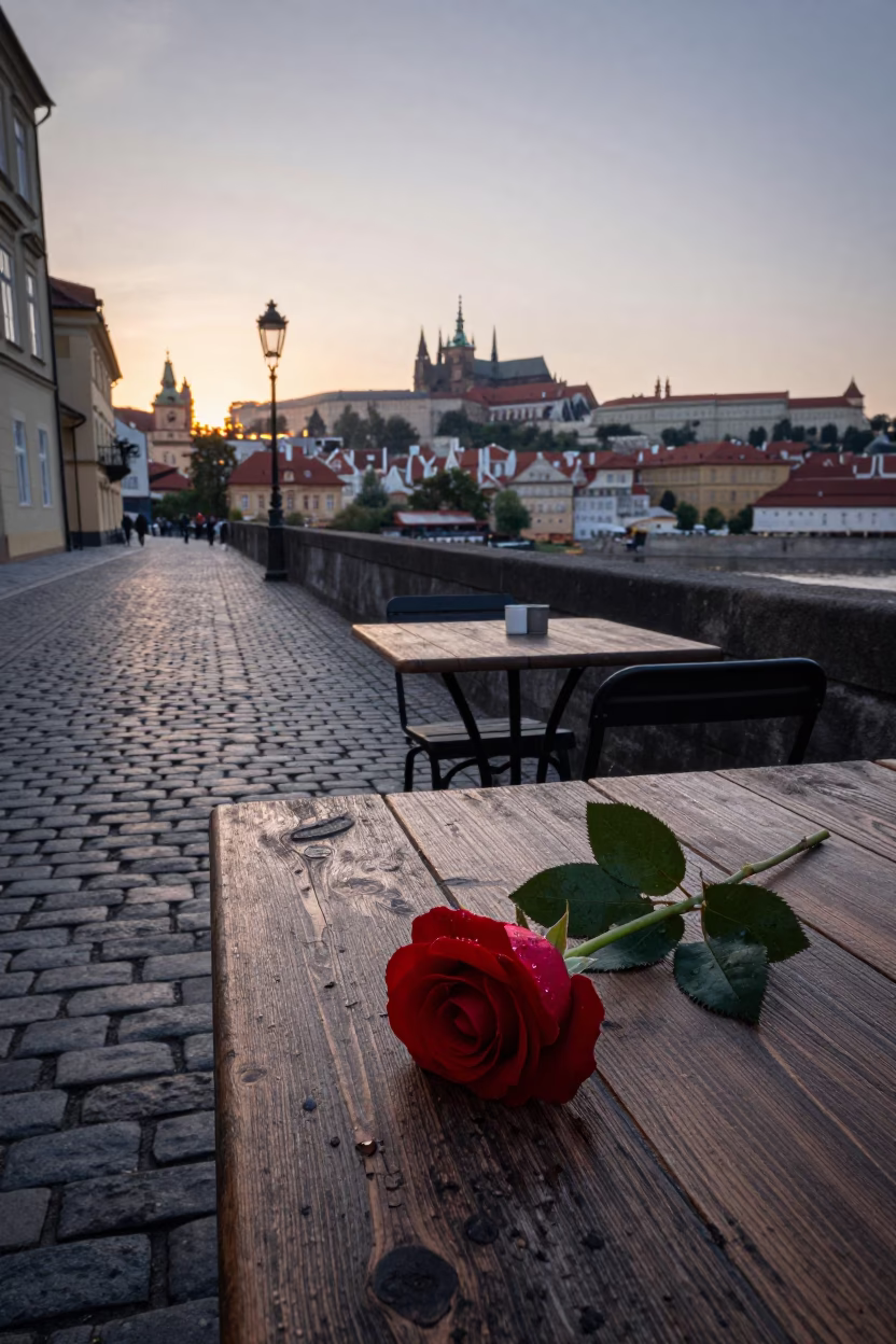 Prague Dawn Street Scene with Red Rose and Leaf Shadows on Tabletop in in Prague, Czech Republic
