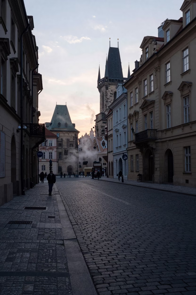 Prague Dawn Street Scene with Steam and Urban Details Before Sunrise in in Prague, Czech Republic