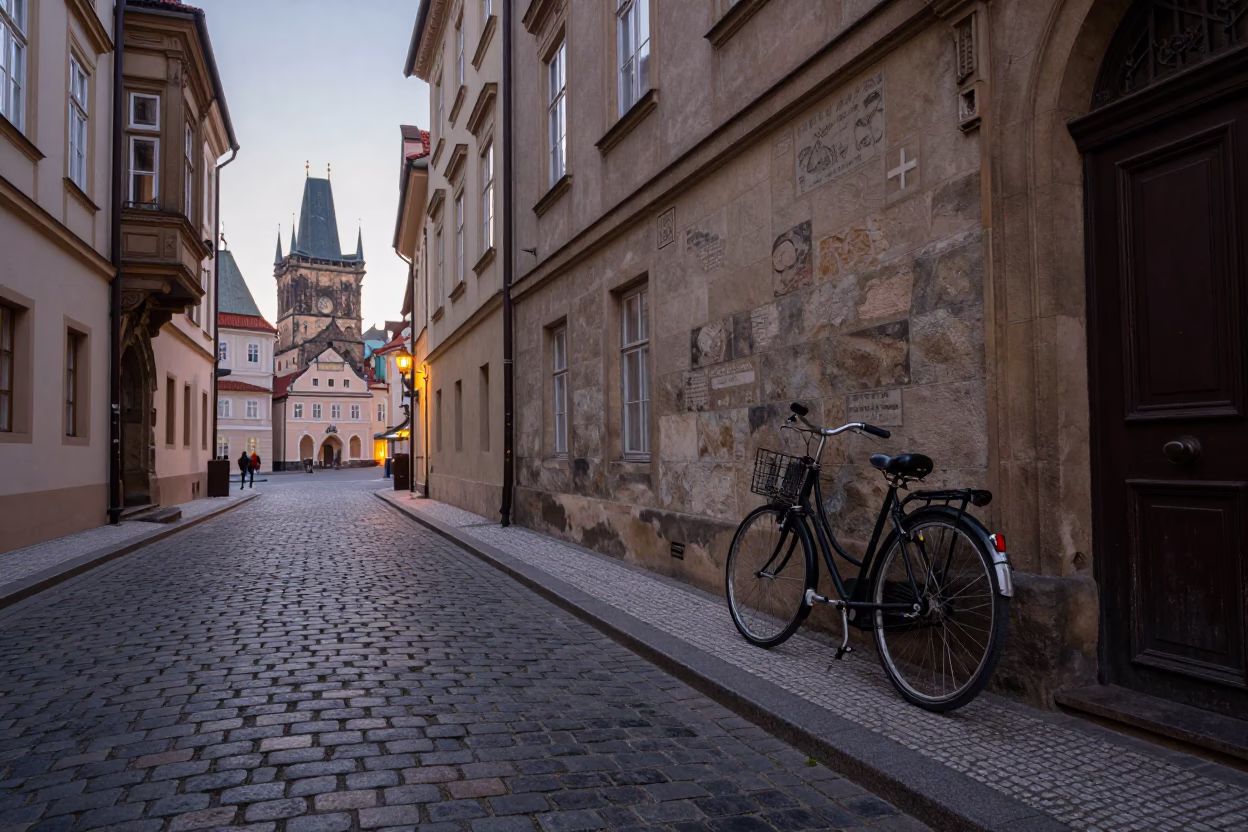 Prague Dawn Street Scene with Vintage Bicycle and Cobblestone Alley in in Prague, Czech Republic