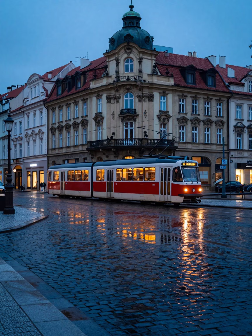 Prague Dawn Tram Reflection on Wet Cobblestones Near Art Nouveau Architecture in in Prague, Czech Republic