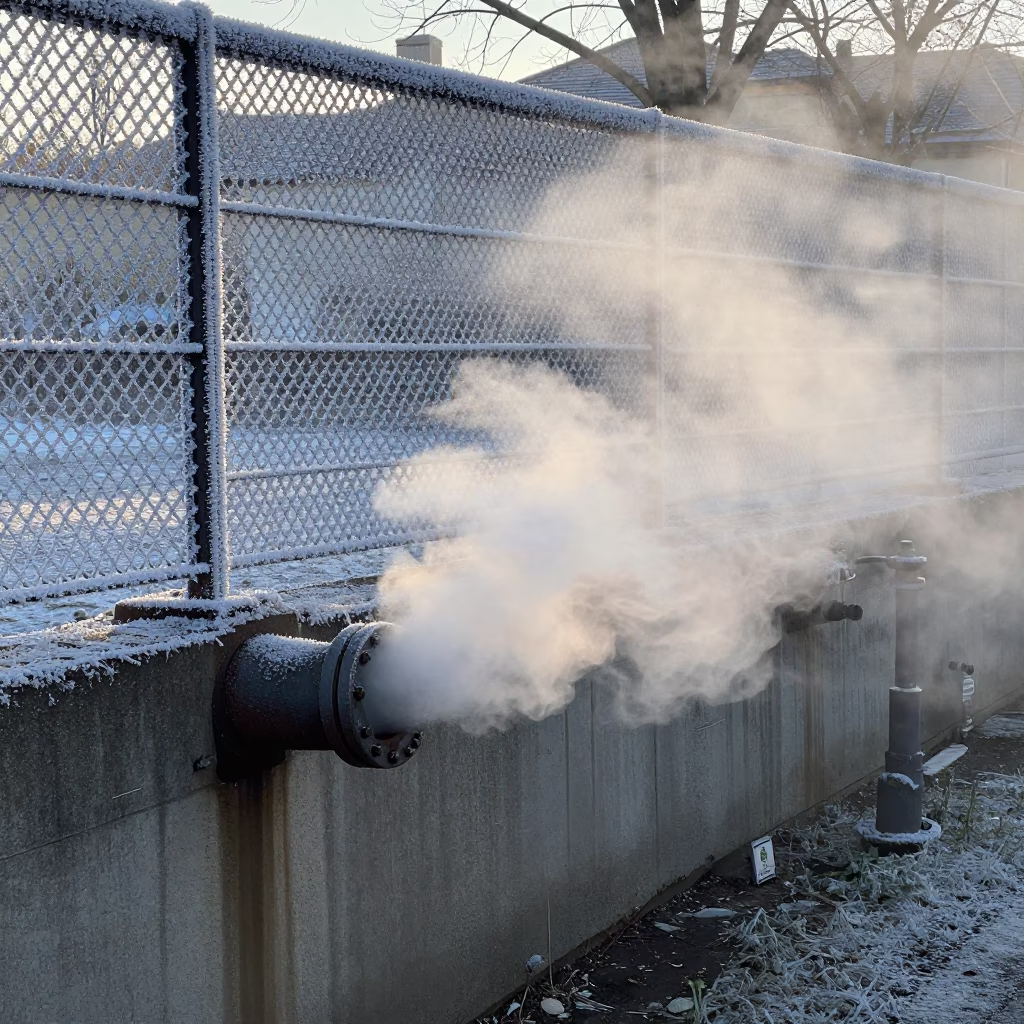 Prague District Heating Pipe Steaming Behind Frost Coated Fencing at First Light in in Prague, Czech Republic