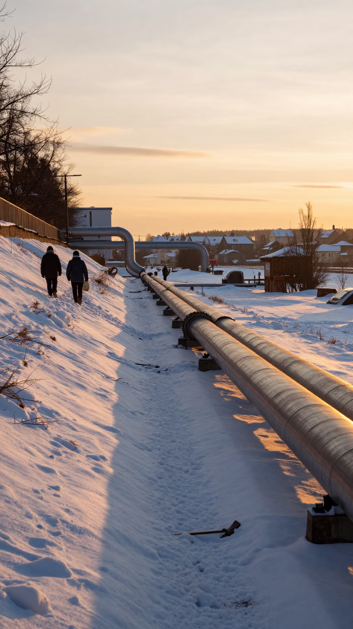 Prague District Heating Pipes Across Snowy Ground at Sunset in in Prague, Czech Republic