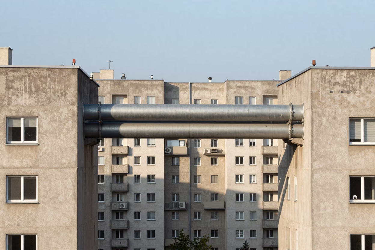 Prague District Heating Pipes Between Concrete Apartment Blocks Early Afternoon in in Prague, Czech Republic