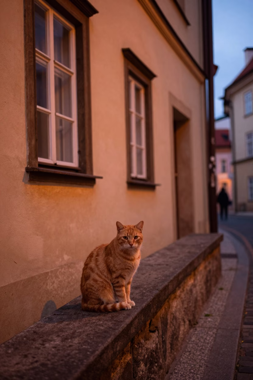 Prague Dusk Street Scene with Cat and Window Boxes in Copper Light in in Prague, Czech Republic