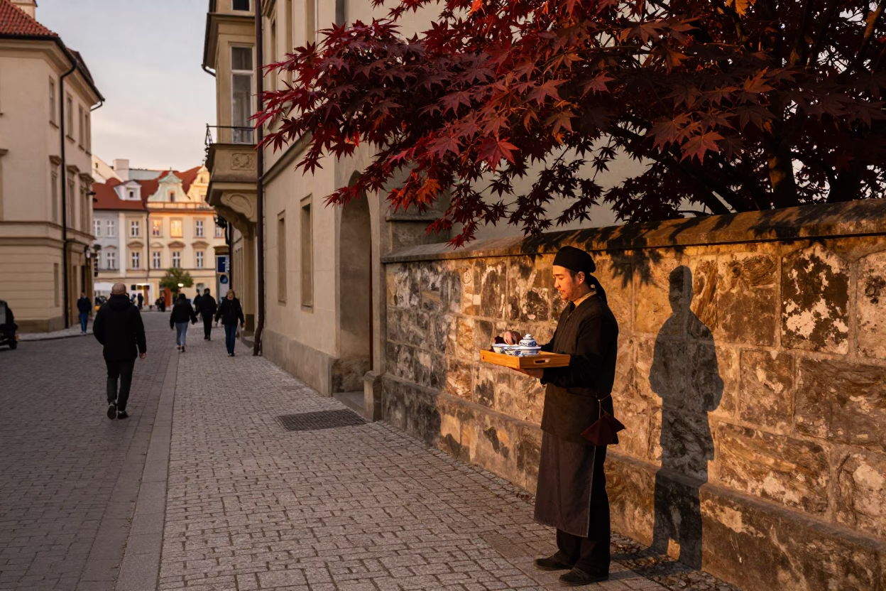 Prague Dusk Street Scene with Japanese Maple and Tea Tray in Copper Light in in Prague, Czech Republic