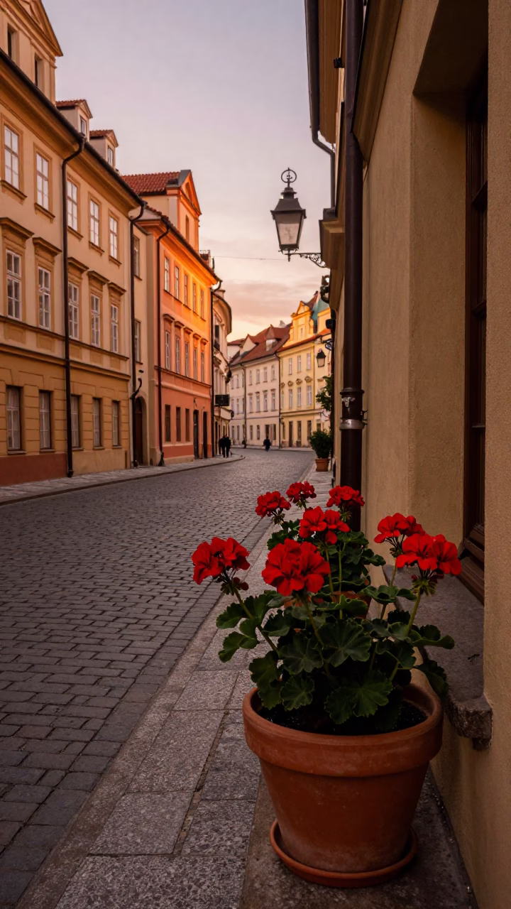 Prague Dusk Street Scene with Potted Geraniums and Vintage Car in in Prague, Czech Republic