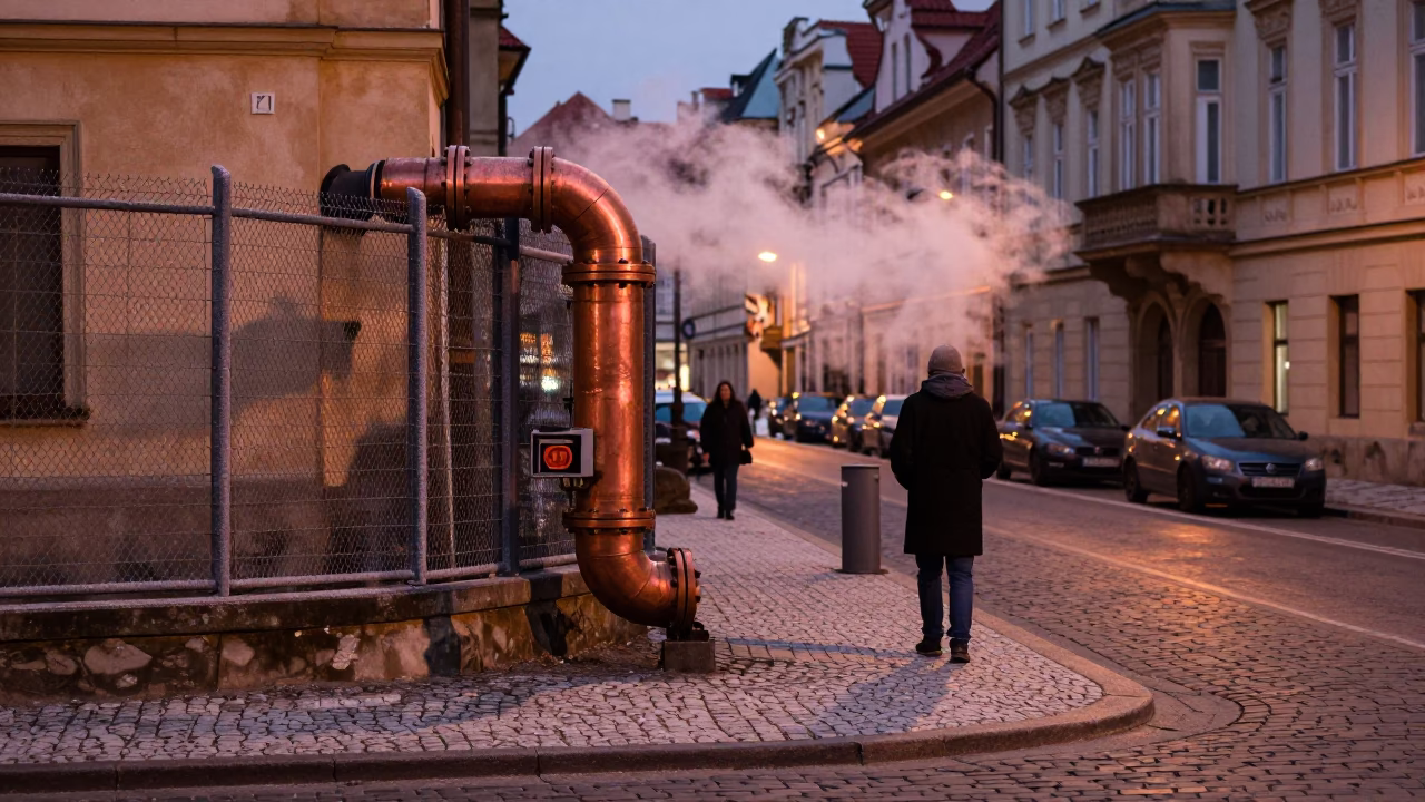 Prague Dusk Street Scene with Steaming District Heating Pipe and Glass Tumbler in in Prague, Czech Republic